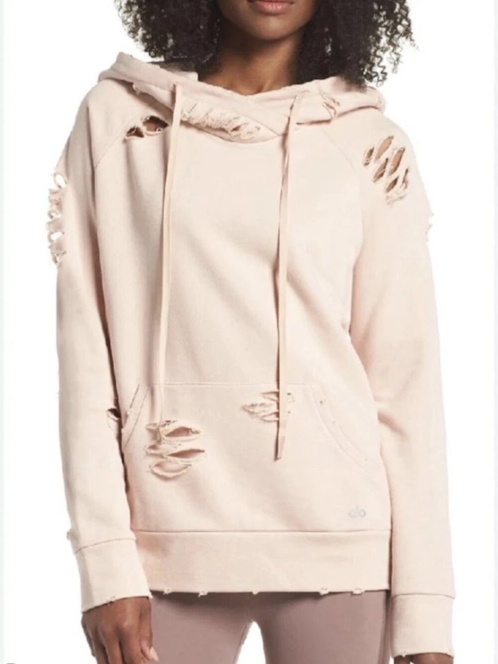 Alo Yoga Ripped Hoodie Sweatshirt Pullover Cream Ivory Shredded Distressed, S